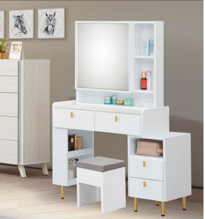 A200-02赫拉2.7尺伸縮鏡台(含椅)二抽櫃與側腳可左右擺放