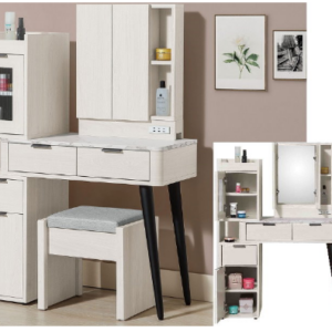 268-4 蘿拉2.65尺伸縮鏡台(含椅) 附*2片活動隔板 從桌面到地板高度75公分 鏡框附110伏特插座