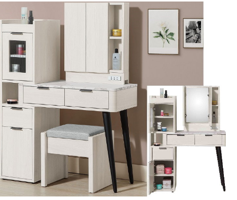 268-4 蘿拉2.65尺伸縮鏡台(含椅) 附*2片活動隔板 從桌面到地板高度75公分 鏡框附110伏特插座