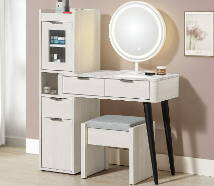 271-2 蘿拉2.65尺伸縮鏡台(含椅) 附活動隔板*2 從桌面到地板高度75公分 桌上鏡附三段式LED調節觸控燈