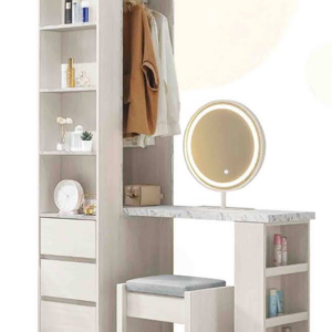 276-3蘿拉4*6.5尺組合書桌櫃(全組) 隔板皆為固定 含桌上鏡 椅 從桌面到地板高度75公分 桌上鏡附三段式LED三色調節觸控燈 不分左右方向皆可擺放