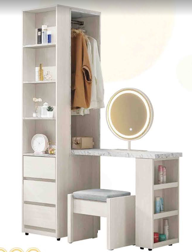 276-3蘿拉4*6.5尺組合書桌櫃(全組) 隔板皆為固定 含桌上鏡 椅 從桌面到地板高度75公分 桌上鏡附三段式LED三色調節觸控燈 不分左右方向皆可擺放