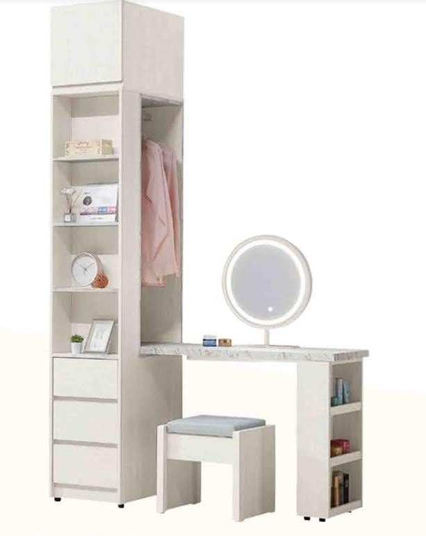 278-9 蘿拉4*7.8尺L型組合書桌櫃(全組) 隔板皆固定 門內無隔板 從桌面到地板高度75公分 含桌上鏡 椅 桌上鏡附三段式LED三色調節觸控燈 不分左右方向皆可擺放