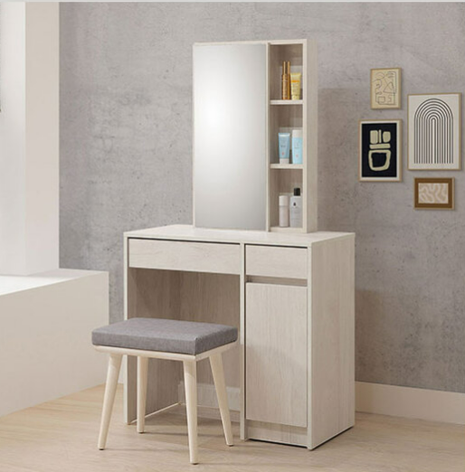 257-5菲洵2.7尺開門鏡台(含椅) 鏡座高度76公分 鏡座門內附活動隔板*1 鏡框附2大2小固定隔板