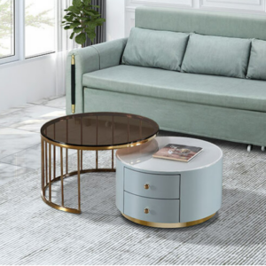 566-3沛克二抽玻璃組合圓几(全組)