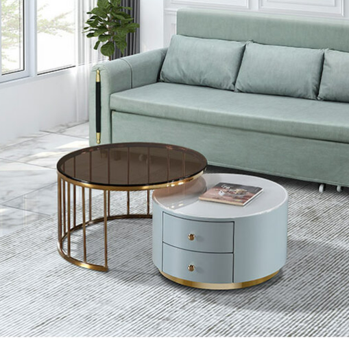 566-3沛克二抽玻璃組合圓几(全組)