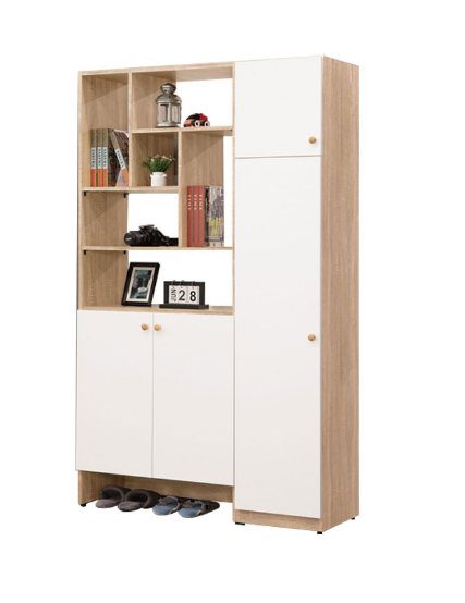 666-5奈奈子3.97尺玄關鞋櫃 ⊙附3大5小活動隔板、附透氣孔3個、 ⊙1.3尺二門鞋櫃下門附穿衣鏡1片、