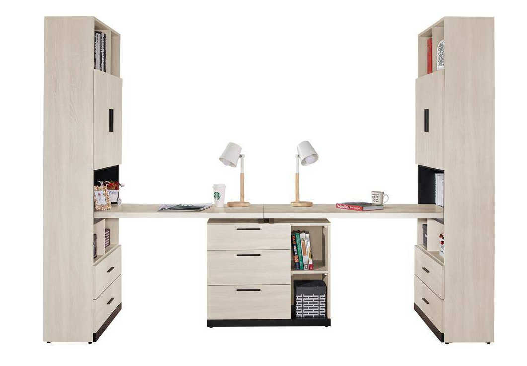 722-2伊凡卡7.9尺雙人組合書桌櫃(全組)桌面:寬120深56公分/每片  材質說明 ⊙書櫃開門內附1片活動隔板、可調整高低、