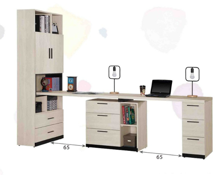 722-4伊凡卡8.9尺雙人組合書桌櫃(全組)桌面: 寬120深56公分1片 寬150深56公分1片  材質說明 ⊙書櫃開門內附1片活動隔板、可調整高低、