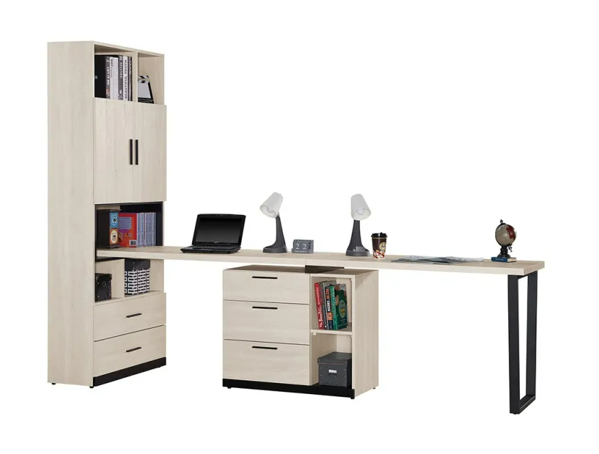 722-5伊凡卡8.9尺雙人組合書桌櫃(全組)書櫃開門內附1片活動隔板，可調整高低 可自行左右擺放桌面寬120x深56公分x1片 桌面寬150x深56公分x1片