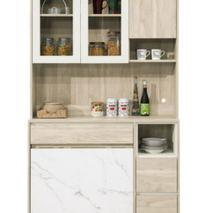 851-2艾琳4尺餐桌式木面餐櫃(上+下)⊙附2片活動隔板、 ⊙附4張輔助椅、椅子尺寸：寬30深25高39公分