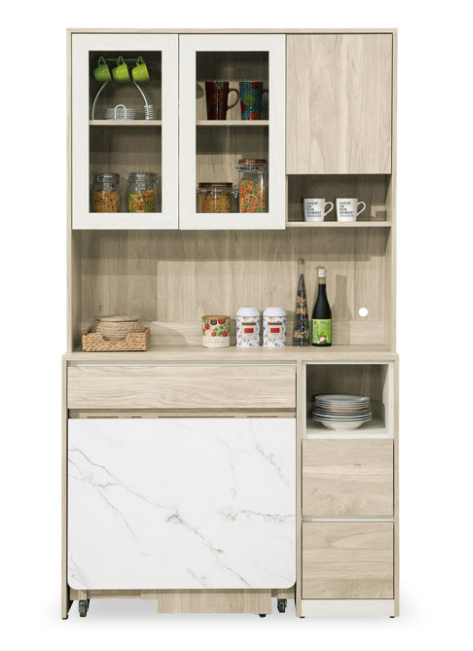 851-2艾琳4尺餐桌式木面餐櫃(上+下)⊙附2片活動隔板、 ⊙附4張輔助椅、椅子尺寸：寬30深25高39公分