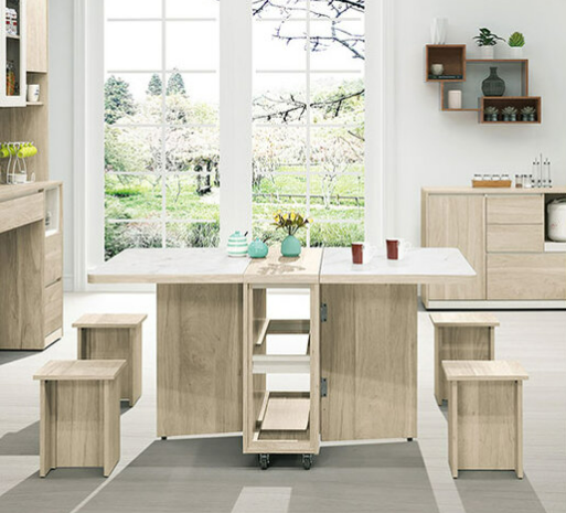 881-3艾琳多功能折合桌⊙附4張輔助椅椅子尺寸：寬30深25高39公分仿大理石紋美耐皿材質