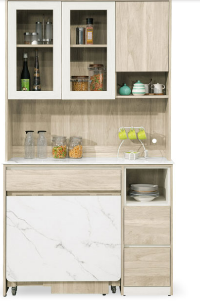 852-2艾琳4尺餐桌式石面餐櫃(上+下)(附2片活動隔板）  (附4張輔助椅）  椅子→寬30x深25x高39cm