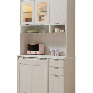 817-2蘿拉4尺伸縮功能桌餐櫃(上+下)⊙上座附1片玻璃隔板.1片木心板隔板、 ⊙2.65尺下座附1片固定隔板、 ⊙1.3尺下座無隔板、 ⊙附USB充電式LED感應燈、附一個電線孔 附*2輔助椅