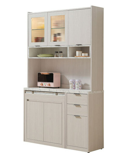 817-2蘿拉4尺伸縮功能桌餐櫃(上+下)⊙上座附1片玻璃隔板.1片木心板隔板、 ⊙2.65尺下座附1片固定隔板、 ⊙1.3尺下座無隔板、 ⊙附USB充電式LED感應燈、附一個電線孔 附*2輔助椅