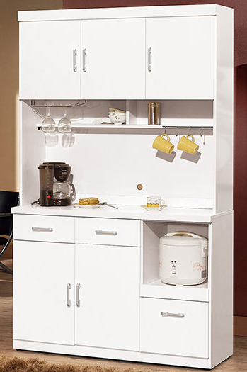 867-3祖迪白色4尺餐櫃(上+下)⊙木門內皆附活動隔板1片、 ⊙上下座各有1個電線孔、