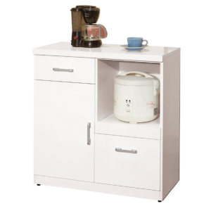 868-6祖迪白色2.7尺單門餐櫃下座◆木門內附活動隔板x1，拉板後方背板有鑽電線孔x1  ◆面板、側板、正面、隔板皆防蛀木心板