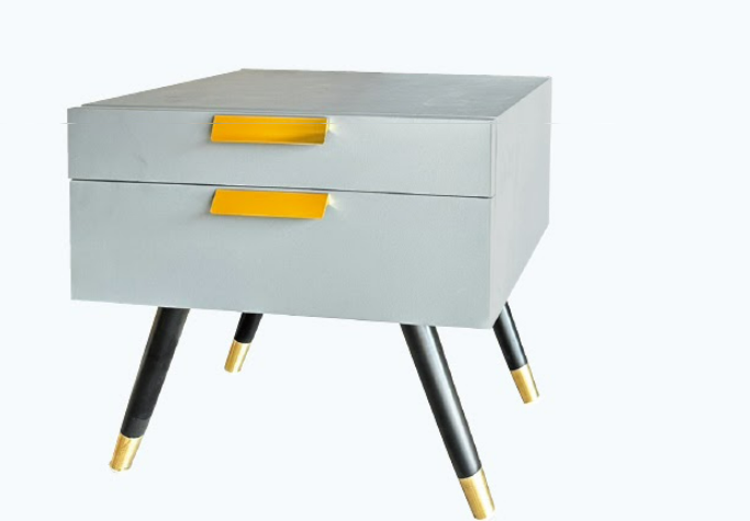 C279-13 6005-1 淺灰皮床頭櫃 黑金腳