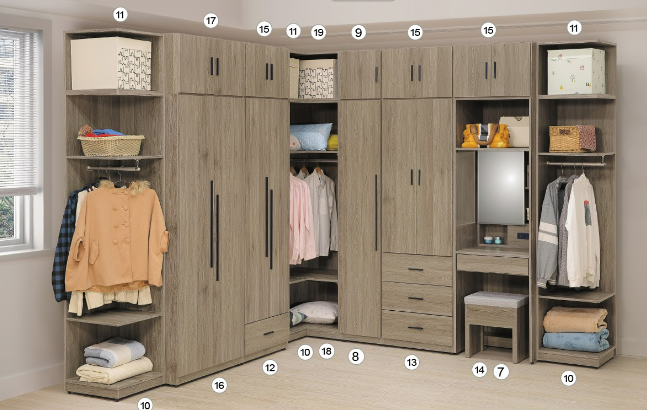 D130-14 灰橡色2*7尺鏡台衣櫥 含椅