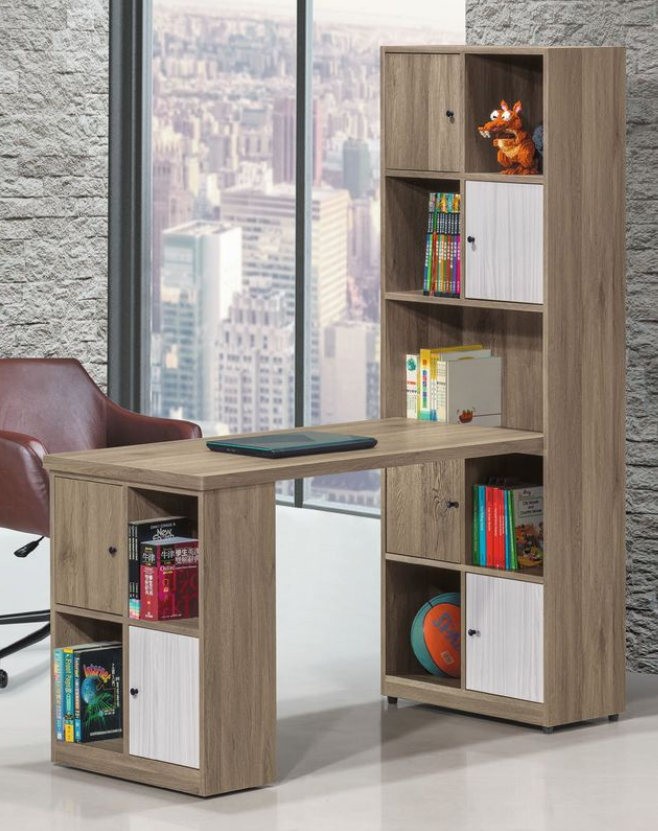C341-5灰橡色 路易士多功能L型書櫃 全組