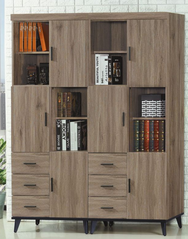 C372-10芮茲灰橡木2.7*6.5尺三抽三門書櫥 單只 附隔板5片