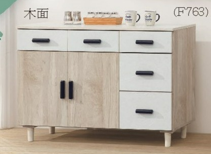 C399-2杜恩橡木白4尺碗盤餐櫃 木面