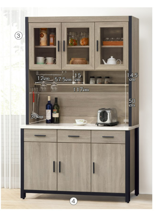 C404-3 淺灰4尺碗碟櫃 上座 隔板1大1小片+C404-4淺灰4尺碗碟櫃 下座 隔板1大1小片 仿石紋