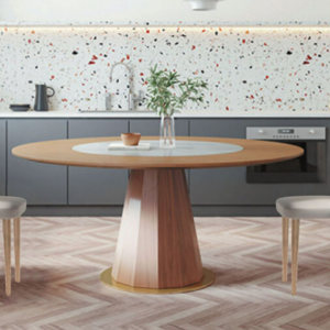 C422-2 719 柚木色135圓餐桌 內鑲轉盤