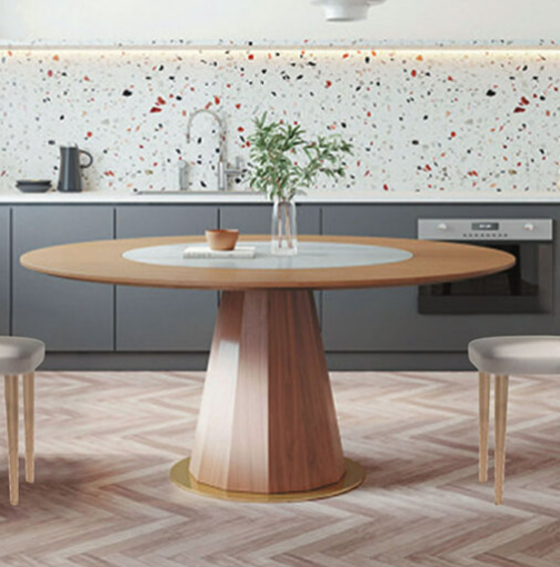 C422-2 719 柚木色135圓餐桌 內鑲轉盤