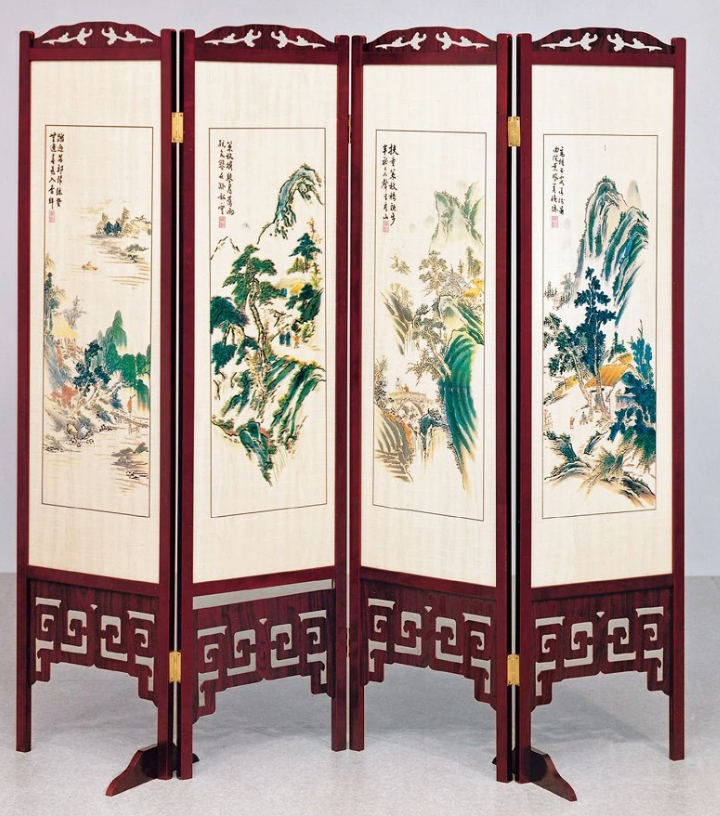 C519-3彩色山水屏風 611紅木