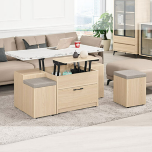 A1437-1艾維斯4*4尺仿石面多功能大茶几 油壓升降五金 附輔助椅*2