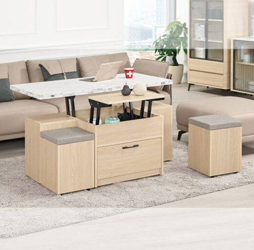 A1437-1艾維斯4*4尺仿石面多功能大茶几 油壓升降五金 附輔助椅*2