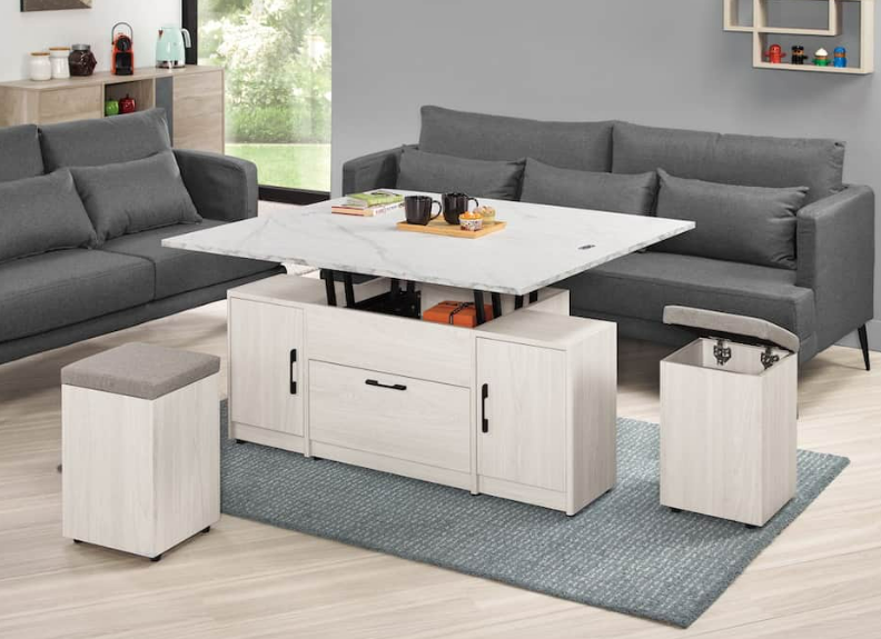 A1435-1蘿克斯4*4尺仿石面多功能大茶几 油壓升降五金 附輔助椅*2