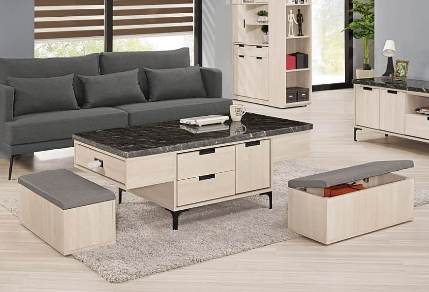 A1446-1昆提斯4.3尺原石大茶几 附輔助椅*2 雙邊造型 雙邊使用 兩側抽屜