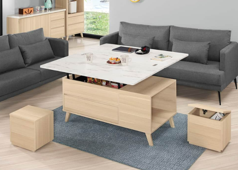 A1453-1克萊爾4*4仿石面多功能大茶几 附輔助椅*2  油壓升降五金