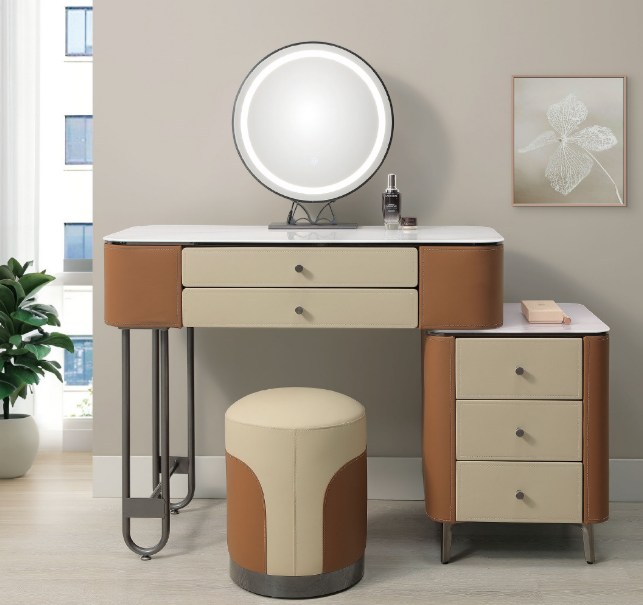 A18-06羅貝卡3.3尺馬鞍皮伸縮鏡台 含椅 1號 咖色 左 右自由擺放