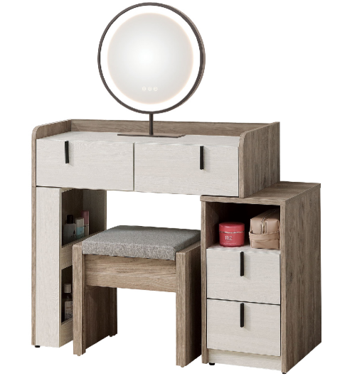 A78-01伊格絲2.7尺圓鏡伸縮鏡台 含椅 側腳與側櫃 可左右自由擺放