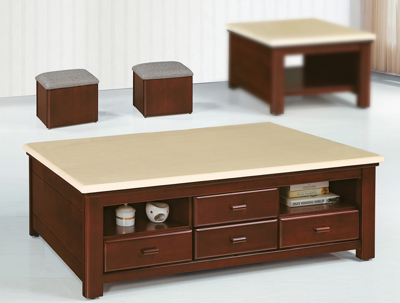 F64-3 淺胡桃色168型大茶几 含腳椅*2 白砂石面