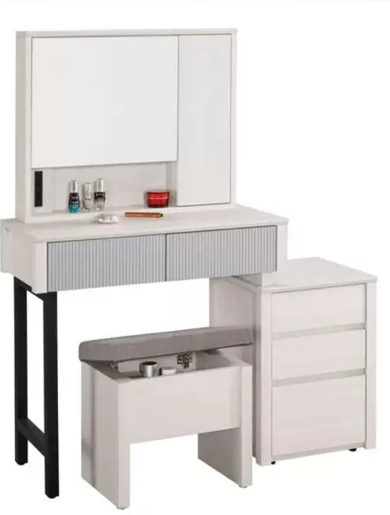 A1041-2 喬倫斯2.7尺伸縮化妝台 全組 木門 含椅 附插座 附活動隔板1大1小片 可左右擺放