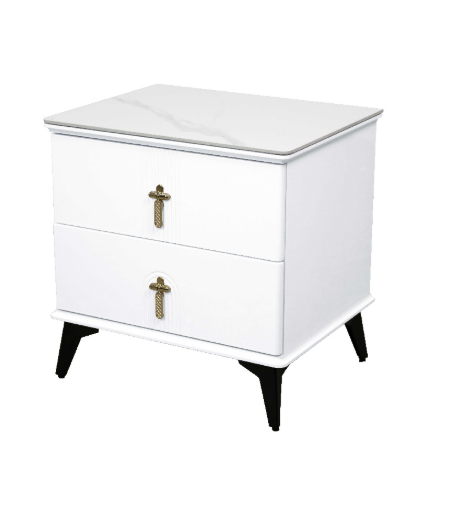 409-2商羽白色岩板床頭櫃 單高級MDF+6mm亮面岩板+10cm防鏽烤漆黑鐵腳 (岩板特性：高強度.耐磨耐刮.耐高溫.易清潔) 五金: 抽屜採高級鋼珠滑軌 塗裝: 塗裝採用PU亮面烤漆