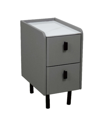 410-11 宇墨淺灰色岩板床頭櫃 單進口皮革包覆MDF+7mm亮面岩板+11cm防鏽烤漆黑鐵腳 (岩板特性：高強度.耐磨耐刮.耐高溫.易清潔) 五金: 抽屜採高級鋼珠滑軌