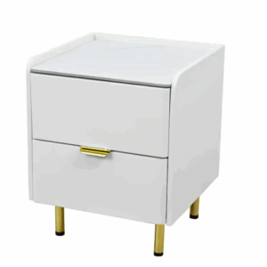 409-3立宇白色岩板床頭櫃 單進口皮革包覆MDF+7mm亮面岩板+11cm防鏽鍍金鐵腳 (岩板特性：高強度.耐磨耐刮.耐高溫.易清潔) 五金: 抽屜採高級鋼珠滑軌