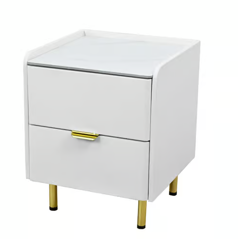 409-3立宇白色岩板床頭櫃 單進口皮革包覆MDF+7mm亮面岩板+11cm防鏽鍍金鐵腳 (岩板特性：高強度.耐磨耐刮.耐高溫.易清潔) 五金: 抽屜採高級鋼珠滑軌