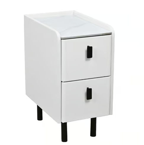 410-12宇墨白色岩板床頭櫃 單 進口皮革包覆MDF+7mm亮面岩板+11cm防鏽烤漆黑鐵腳 (岩板特性：高強度.耐磨耐刮.耐高溫.易清潔) 五金: 抽屜採高級鋼珠滑軌