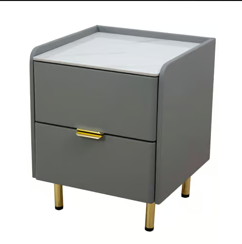 409-4立宇淺灰色岩板床頭櫃 單進口皮革包覆MDF+7mm亮面岩板+11cm防鏽鍍金鐵腳 (岩板特性：高強度.耐磨耐刮.耐高溫.易清潔) 五金: 抽屜採高級鋼珠滑軌