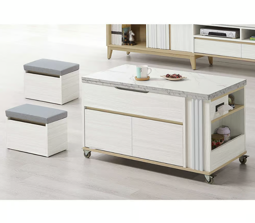 536-3洛蒂3.3尺多功能升降茶几 (附2張貓抓皮收納型腳椅)(可移動煞車輪x4顆) (腳椅尺寸：寬39x深20x高28cm)