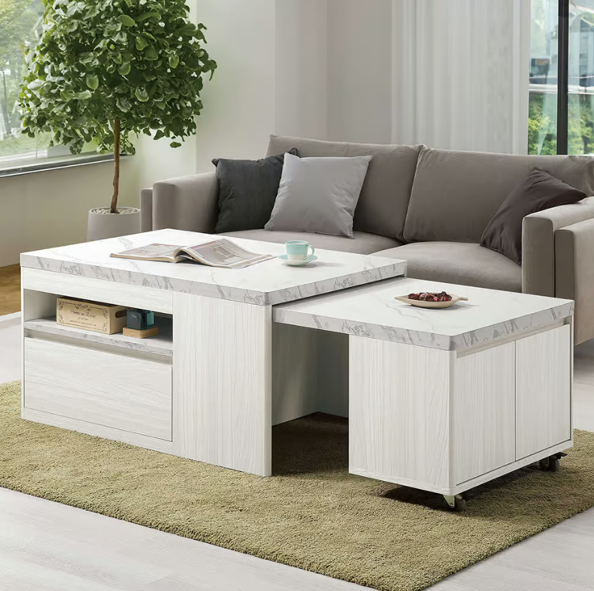 539-3 蘿拉3尺多功能伸縮茶几 (附1張貓抓皮收納型腳椅)(可移動煞車輪x2顆) (腳椅尺寸：寬55.5x深29x高30cm) (開門內無隔板)