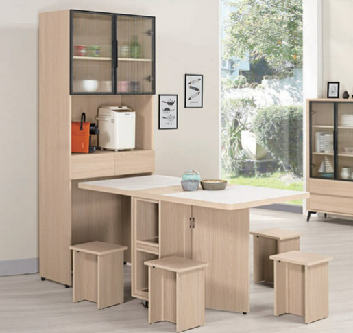 A1701-1 艾維斯2.7尺仿石面多功能組合餐桌櫃 全組 ⊙附輔助椅4張、 ⊙附活動隔板1片