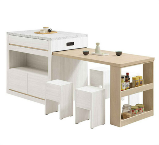 844-2洛蒂伸縮中島餐桌櫃 附椅凳*4 ⊙中島桌(含4張輔助椅)+L型桌面架、